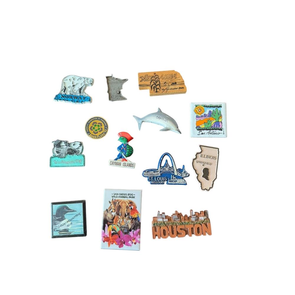 Lot 13 Vintage Travel Souvenir Refrigerator Magnets States Cities Zoo Cayman DC‎